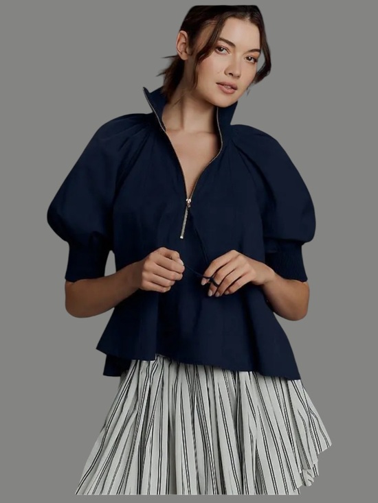 Maeve Tops - Maeve half zip puff sleeve, Henley blouse blue women L ‘msrp 108$GUC